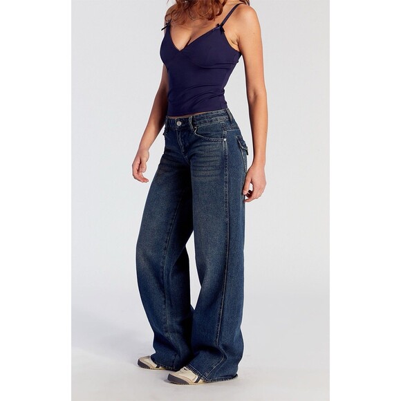 NEW PacSun Womens Size 25 Casey Low Rise Baggy Jeans Button Pocket Dark Indigo - Picture 2 of 10
